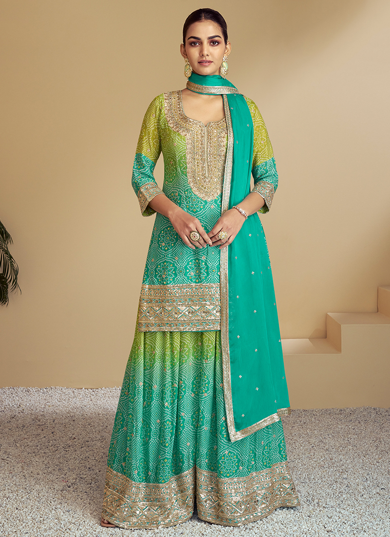 Premium Chinnon Sea Green Embroidered Wedding Palazzo Suit